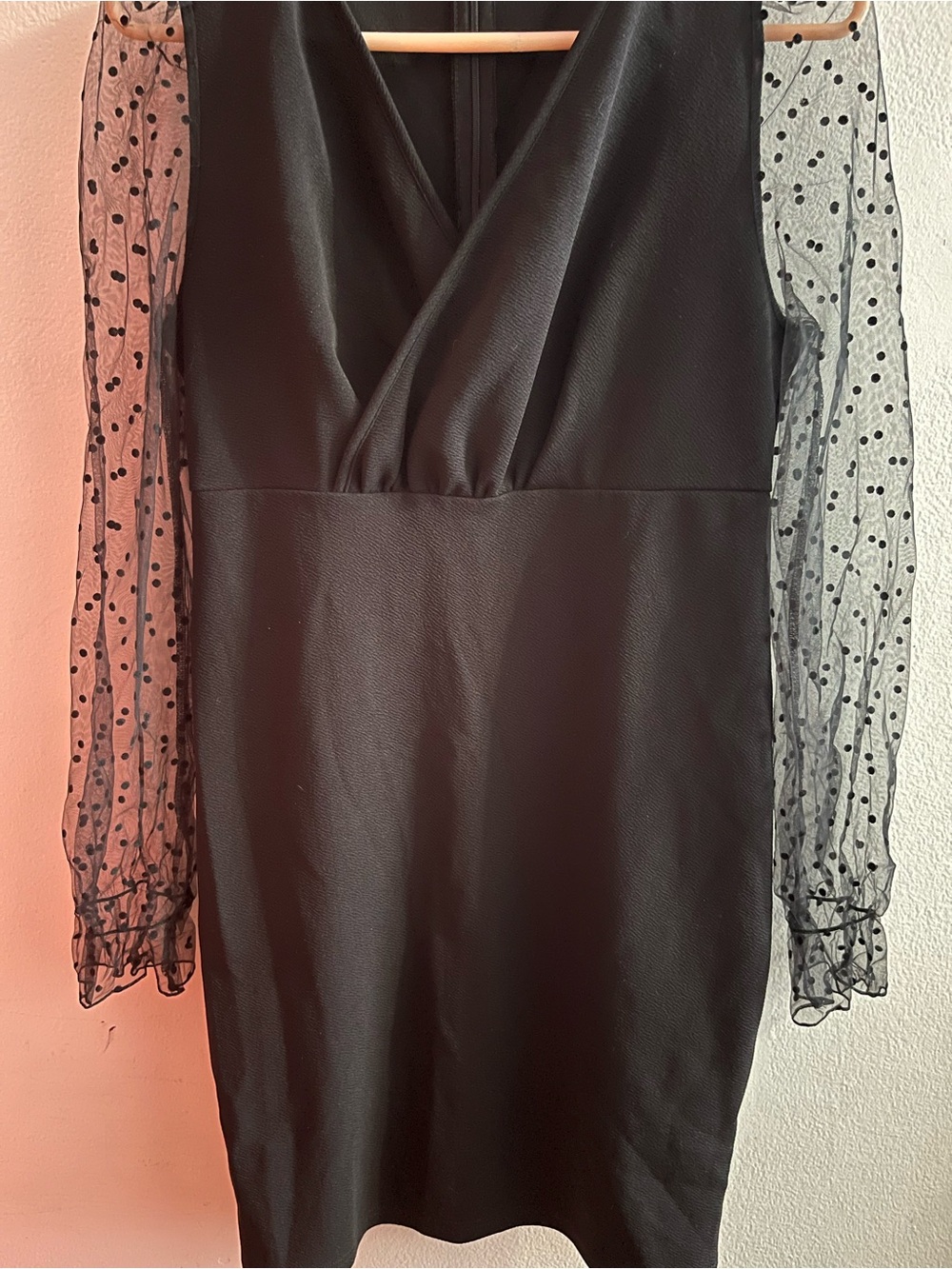 Black Sheath Dress with Polka Dot Mesh Sleeves